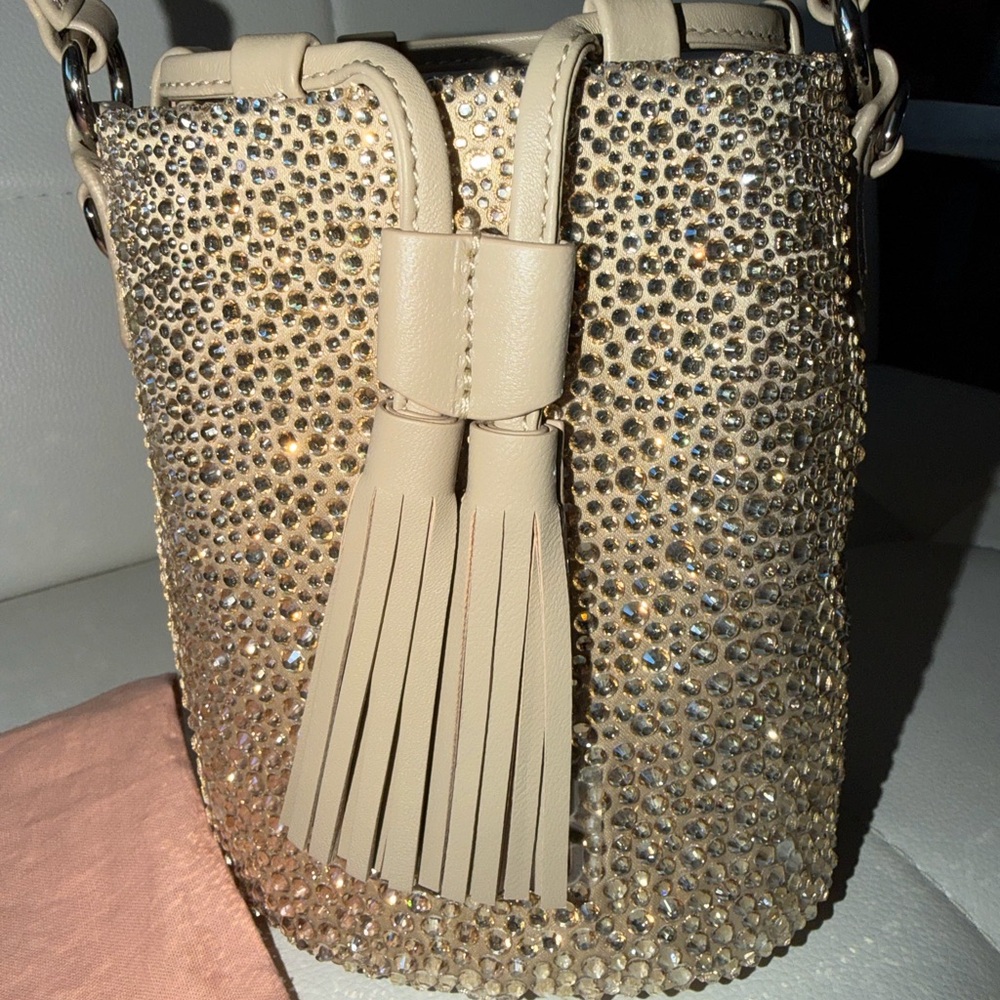 Miu Miu Crystal-Embellished Cream Tassel Mini Bucket Bag